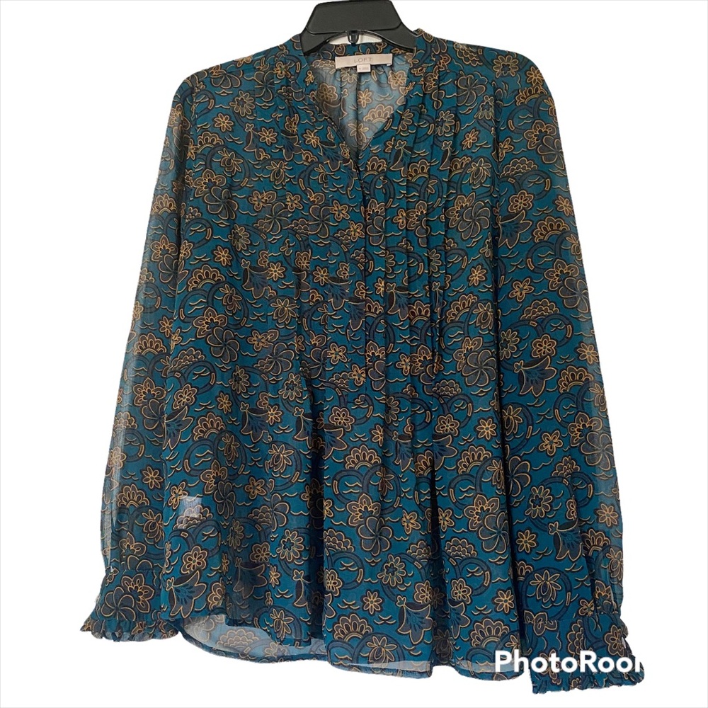 LOFT blue/green/gold and black floral 3/4 button blouse.Size Medium - Picture 1 of 9